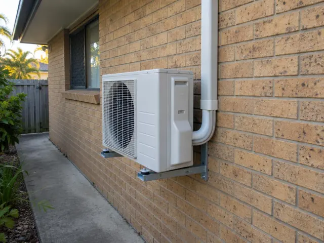 Wall-mounted outdoor air conditioner unit on a brick house beside a side path in Arundel